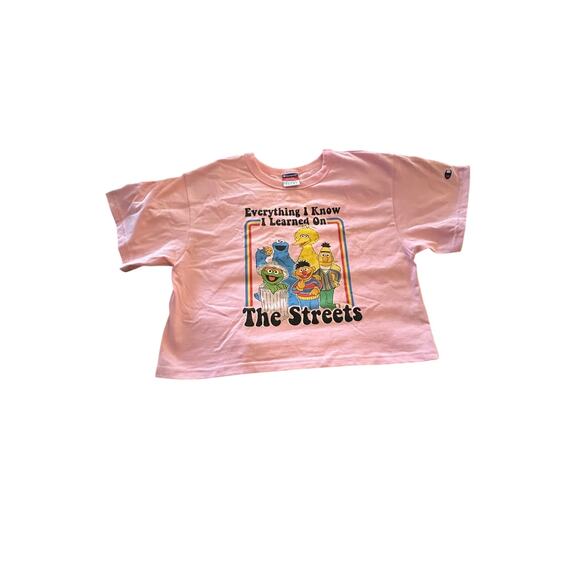 Champion Pink Cropped Sesame St T “Everything I Know I Learned on The Streets” L - Picture 1 of 8